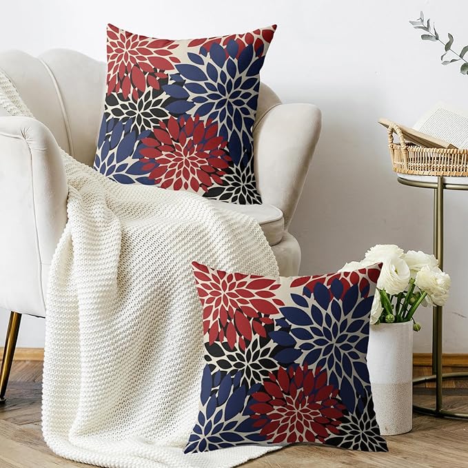 4th of July Pillow Covers 18X18 Inch Set of 2, Blue Red Black Modern Dahlia Floral Print Holiday Decorative Throw Pillow Covers Outdoor Farmhouse Cushion Case for Couch Sofa Bed Decor