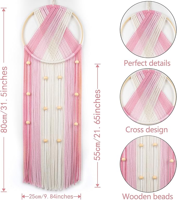 EOBTAIN Pink Macrame Wall Hanging Dream Catchers Pink and Beige Woven Tapestry Wall Art with Ombre Tassel, Boho Macrame Wall Decor for Bedroom Living Room Apartment Home,31.5L x9.84W Inch