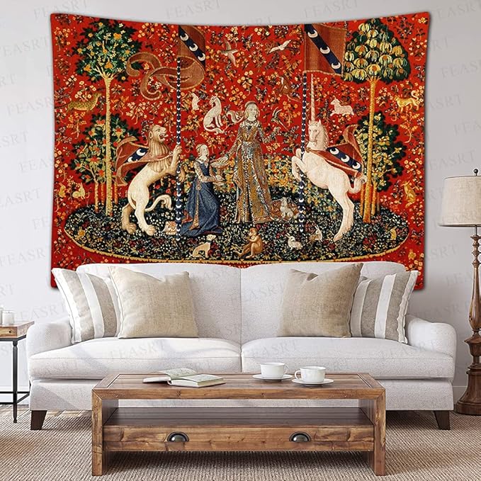 FEASRT European Royal Tapestry Medieval Princess Tapestry, 60x40 Inches Soft Flannelette, Lady and Unicorn for Living Room Bedroom Dorm Decor