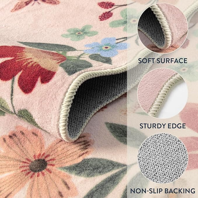 Lahome Floral Living Room Rugs, Pink Area Rugs 5x7 Rug for Bedroom Ultra-Thin Soft Non-Slip Washable Rugs Stain Resistant Throw Boho Carpet for ‎‎Nursery Classroom Flore, Light Pink