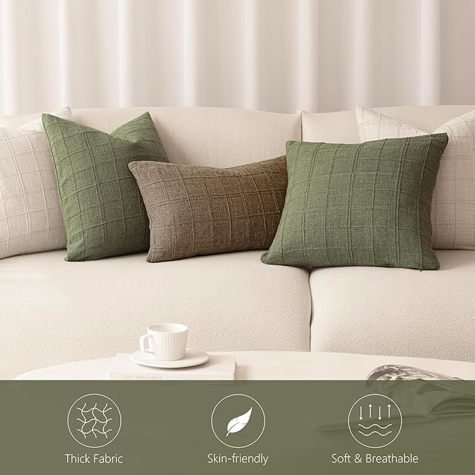 Foindtower Set of 2 Decorative Linen Check Throw Pillow Covers Neutral Farmhouse Lumbar Cushion Covers Modern Boho Home Decor for Sofa Chair Couch Bedroom Living Room,12×20 Inch,Sage Green