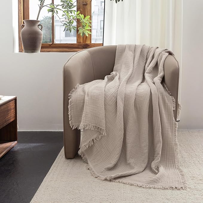 FOSSA Muslin Blanket with Fringe - 4-Layer 100% Cotton Gauze Super Soft & Breathable Throw -Lightweight Decorative Cooling Blanket for Bed, Sofa, Office -Twin XL Size 90" × 66" (Beige Gray)