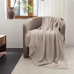 FOSSA Muslin Blanket with Fringe - 4-Layer 100% Cotton Gauze Super Soft & Breathable Throw -Lightweight Decorative Cooling Blanket for Bed, Sofa, Office -Twin XL Size 90" × 66" (Beige Gray)