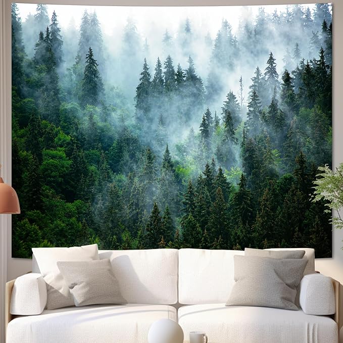 Atrippy Misty Forest Tapestry for Bedroom, Nature Mist Foggy Landscape Wall Tapestry Hanging, Green Trees Wall Art Vintage Retro Room Decor for Living Room College Dorm 51x60 Inches