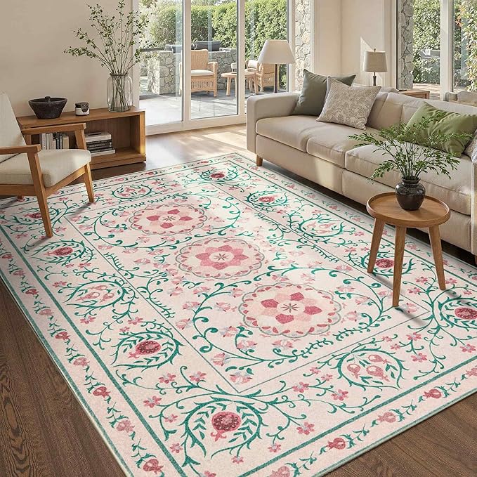 Pink Rug for Living Room Bedroom, Floral 5x7 Washable Rugs, Vintage Boho Style, Large Non Slip Flower Carpet for Indoor Dining Room, Girls Room and Nursery(Pink/Green 5x7ft)