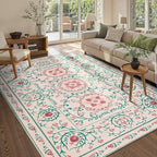 Pink Rug for Living Room Bedroom, Floral 5x7 Washable Rugs, Vintage Boho Style, Large Non Slip Flower Carpet for Indoor Dining Room, Girls Room and Nursery(Pink/Green 5x7ft)