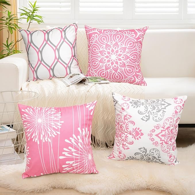 Coliuso Decorative Throw Pillow Covers 20x20 Set of 4,Pink and White Modern Simple Square Pillow Case Cushion Cover for Sofa Couch Farmhouse Living Room