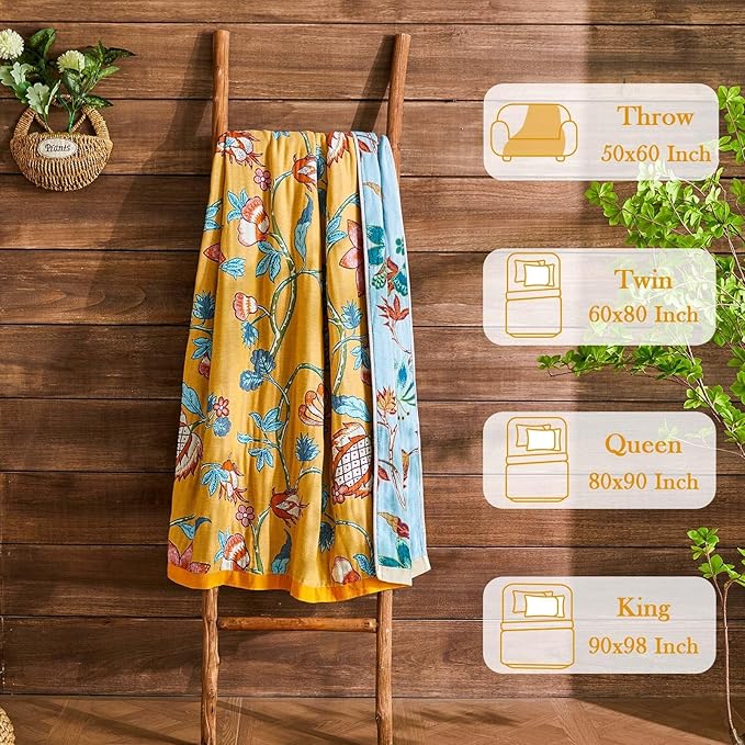 Boho Blanket Soft Muslin Boho Throw Blanket 100% Cotton Blanket All Seasons Reversible Rustic Floral Printed Vintage Rustic Farmhouse Decor Throw for Sofa Couch Chair (Yellow, 50"x60")