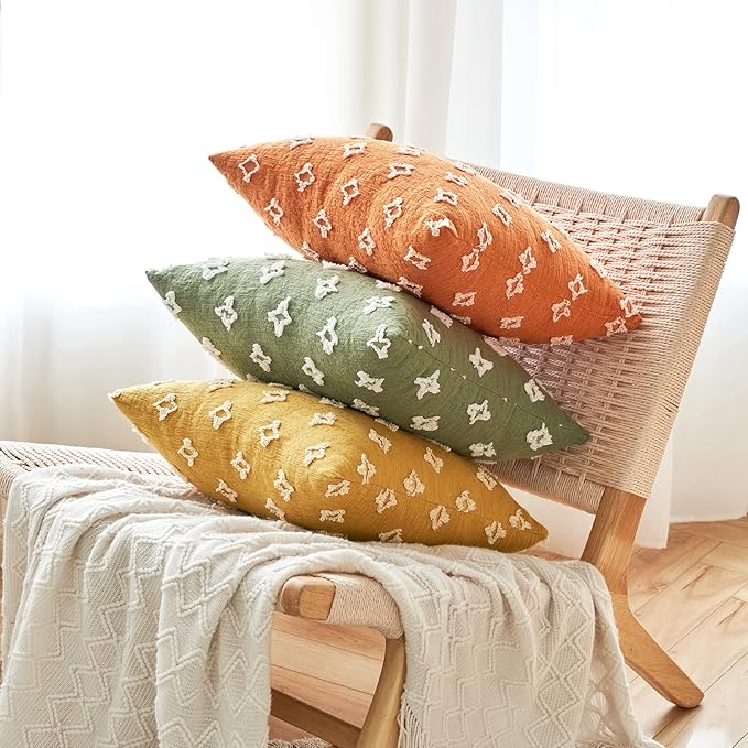 ANRODUO Pack of 2 Sage Green Floral Boho Decorative Throw Pillow Covers with Tufted Rhombic Jacquard for Room Decor Pillow Covers 18x18 Cute and Soft Pillowcase for Couch Sofa and Living Room Fall