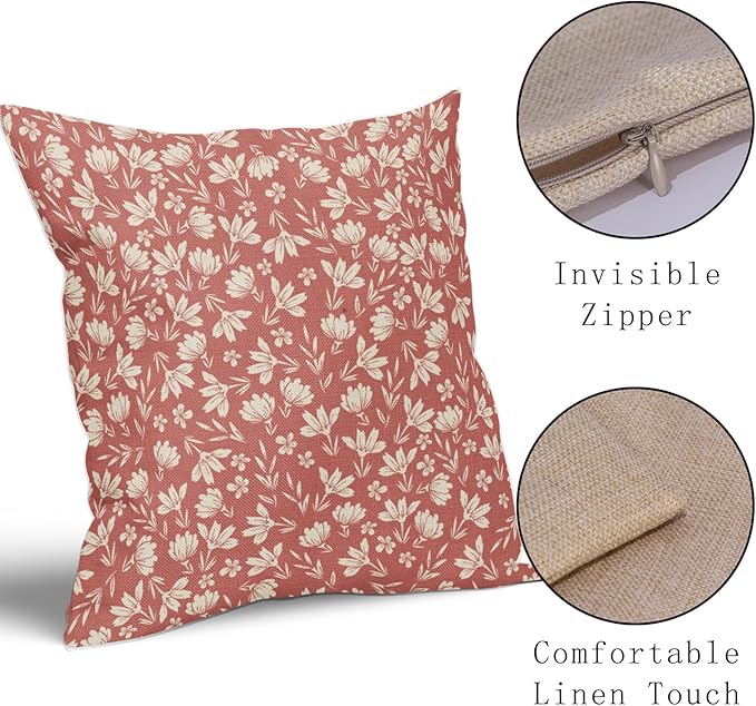 Coral Pink Pillow Covers 20x20 Set of 2 Vintage Floral Rustic Old Style Cute Flower Print Decorative Outdoor Pillowcases Seasonal Farmhouse Throw Cushion Case Decor for Couch Sofa Bed