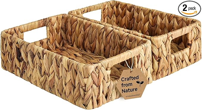 StorageWorks Water Hyacinth Baskets, Small Wicker Baskets for Organizing in Living Room and Shelf, 2-Pack