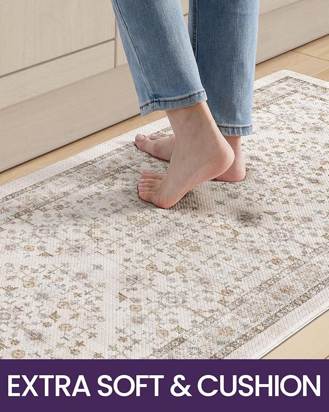 DEXI Kitchen Floor Mats Cushioned Anti Fatigue, 23x59 Rubber Standing Comfort Runner Rug, Waterproof Retro Floral Memory Foam Padded for Front Sink Laundry, Beige/Ivory