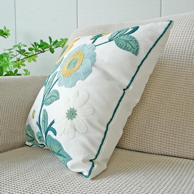 vctops Floral Embroidered Pillow Covers 18x18 Inch Spring Summer Cotton Tufted Throw Pillow Cover Outdoor Garden Cushion Case for Sofa, Bed, Living Room (Flower H,18"x18")