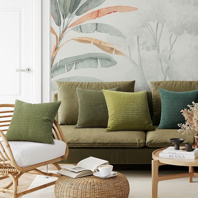 Softalker Throw Pillow Covers 18x18 Inch, Set of 4, Soft Corduroy Boho Stripe Decorative Pillow Cover, Couch Fluffy Pillow Cover for Farmhouse Home Decor Bed Living Room, Green