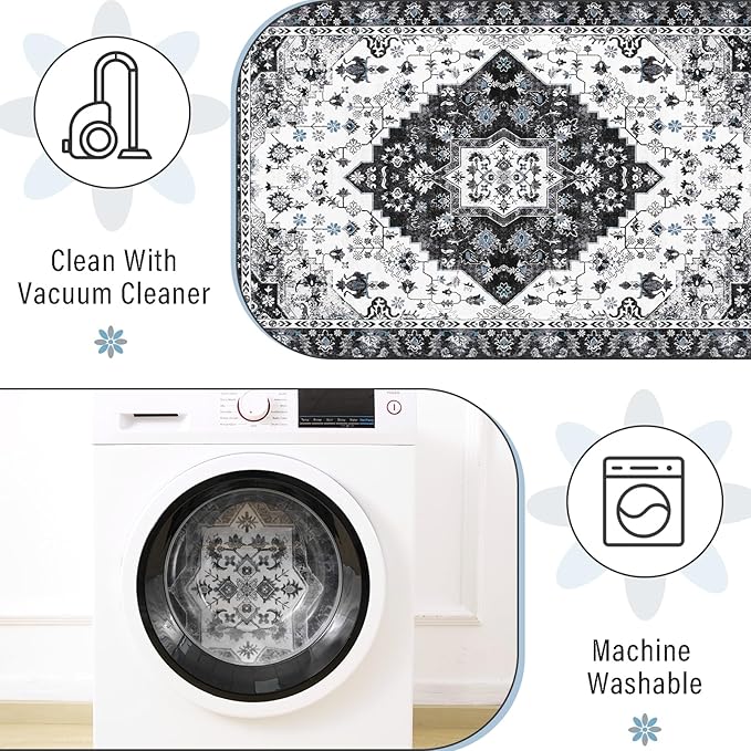 Amearea Vintage Design Area Rugs for Living Room, 5x8 Machine Washable Floral Collection Traditional Bedroom Rug, Low Pile Cute Kids Room Print Carpet, No Slip Office Kitchen Home Decor, Black