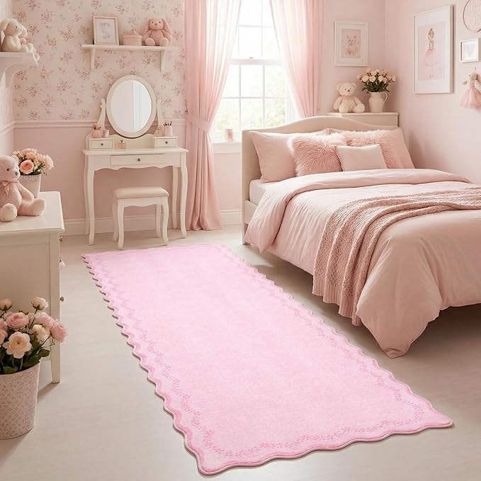 GarveeHome 2x6 Valentines Scalloped Washable Runner Rug for Girls Bedroom, Soft Pink Hallway Runner Non Slip Entryway Rug Farmhouse Thin Laundry Mat Stain Resistant Carpet for Kirchen Bathroom Rug
