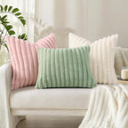 decorUhome Summer Cozy Faux Fur Throw Pillow Covers 26x26 Set of 2 Decorative Plush Striped Modern Farmhouse Boho Couch Euro Sham Pillow Cases with Velvet Back for Sofa Bed Living Room, Cream White