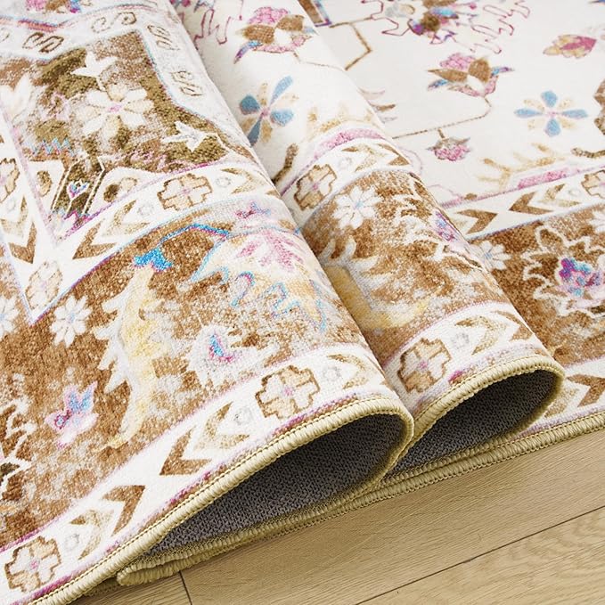 Amearea Vintage Design Area Rugs for Living Room, 8x10 Machine Washable Floral Collection Traditional Bedroom Rug, Low Pile Cute Kids Room Print Carpet, No Slip Office Kitchen Home Decor, Gold