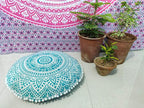 INDIAN CRAFT CASTLE 24" Green Ombre Mandala Barmeri Large Floor Pillow Cover Cushion Meditation Seating Ottoman Throw Cover Hippie Decorative Zipped Bohemian Pouf Ottoman Pom Pom Cases 24" Round