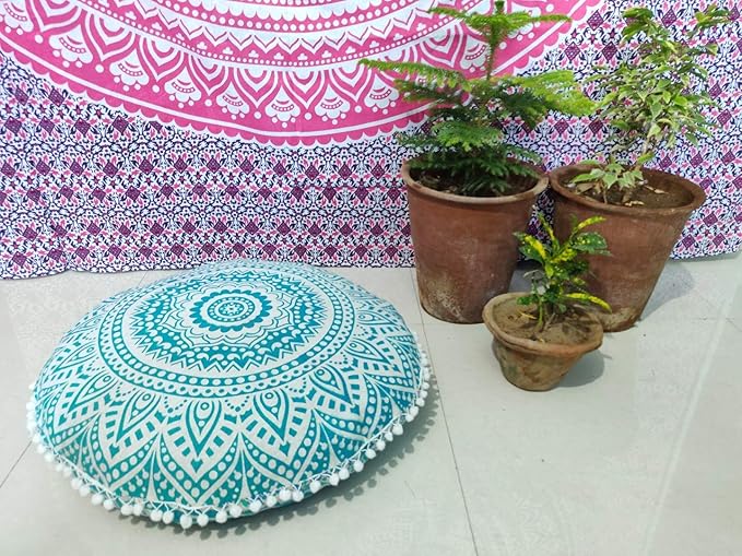 INDIAN CRAFT CASTLE 24" Green Ombre Mandala Barmeri Large Floor Pillow Cover Cushion Meditation Seating Ottoman Throw Cover Hippie Decorative Zipped Bohemian Pouf Ottoman Pom Pom Cases 24" Round