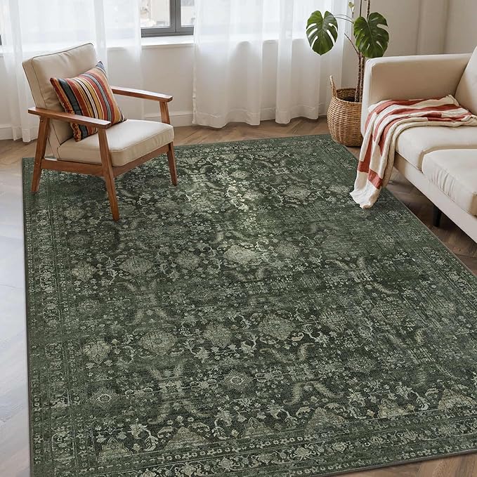 4x6 Rug for Living Room Bedroom, Green Washable Throw Rugs, Vintage Retro Boho Area Rugs, Non Slip & Low Pile Accent Throw Carpet for Indoor Dining Room, Kids Room and Office(Green 4x6ft)