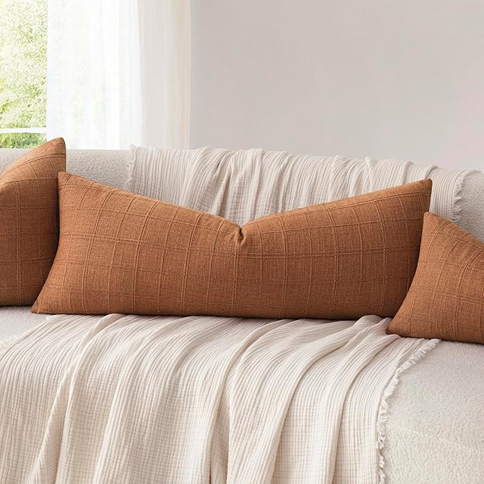 Foindtower Set of 2 Decorative Linen Check Throw Pillow Covers Neutral Farmhouse Vintage Cushion Covers Cozy Modern Boho Home Decor for Sofa Chair Couch Bedroom Living Room,14×36 Inch,Orange