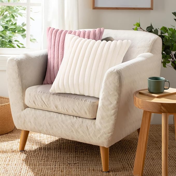 Pallene Faux Fur Plush Spring Throw Pillow Covers 18x18 Set of 2, Luxury Soft Fluffy Striped Decorative Pillow Covers for Sofa, Couch, Living Room, Cream White