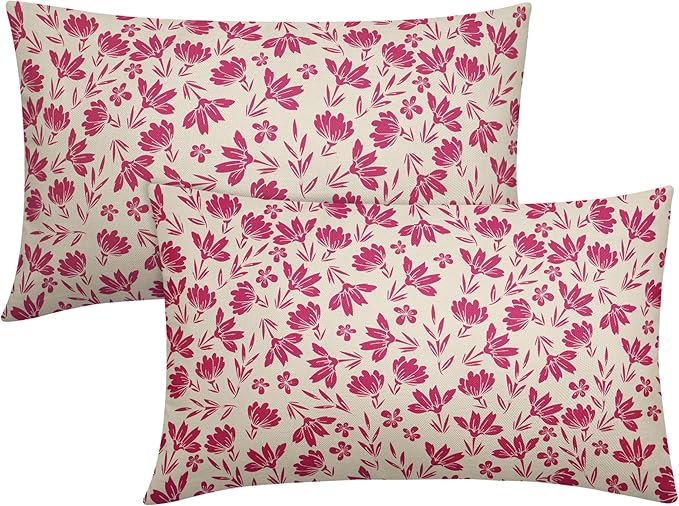 Hot Pink Floral Pillow Covers 12x20 Set of 2 Vintage Rustic Old Style Cute Small Flower Pink Cream Print Decorative Outdoor Pillowcases Farmhouse Throw Cushion Case Decor for Couch Sofa Bed