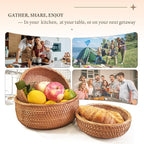 Rattan Fruit Basket for Kitchen Counter, Natural Wicker Bread Basket for Serving, Hand Woven Food Baskets, Decorative Bread Baskets for Serving, Fruits, Snacks, Candies, Nuts, Keys, Etc.(Round-Combo)