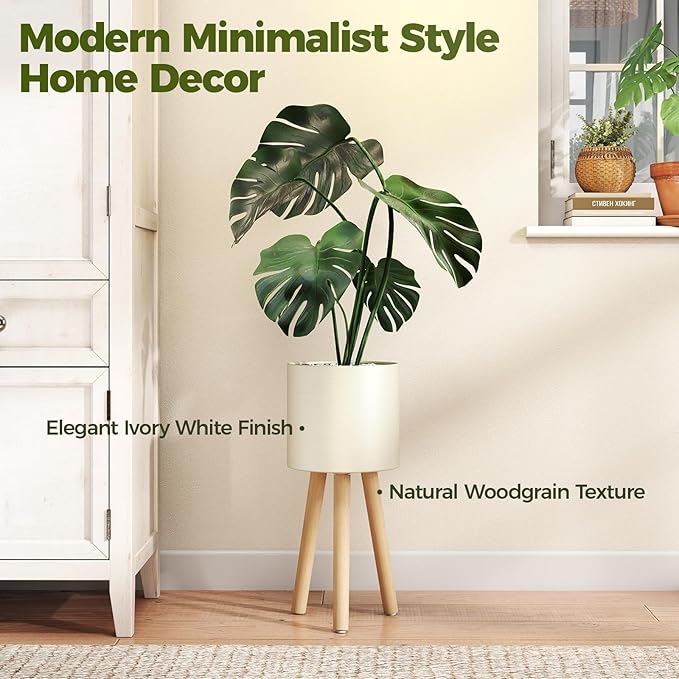 Bamworld Single Plant Holder for Indoor Plants Metal Planter Stand Wooden Leg White Plant Stand Indoor Flower Pot Stand Plant Pot with Stand for Living Room Office Bedroom Decor Modern Home Decor