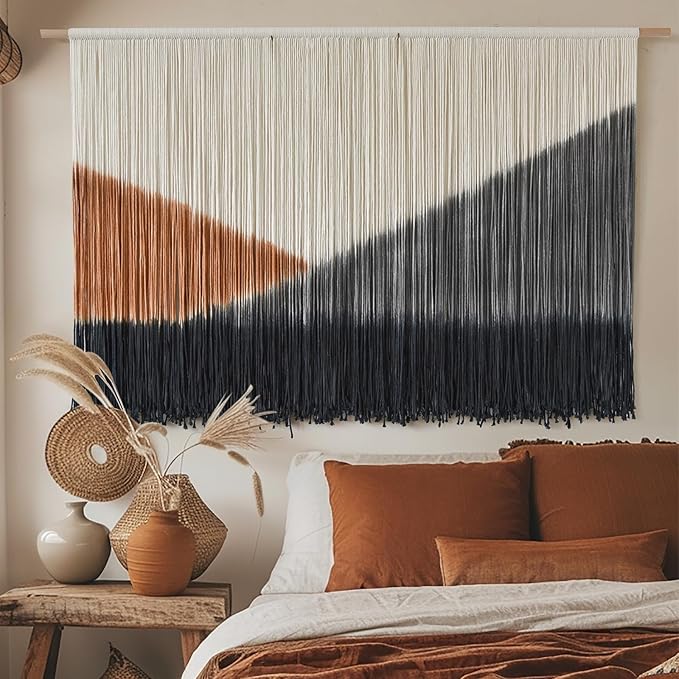 Macrame Wall Hanging Black Large Boho Wall Art Dip Dye for Living Room Bedroom Backdrop Home Decor Bohemian Fiber Yarn Art 57"Wx 35"L