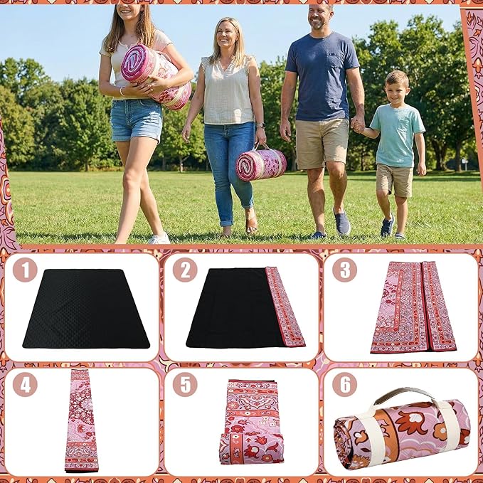 Boho Picnic Blankets 80''x 80'' Extra Large Beach Blanket Waterproof Sandproof Foldable Machine Washable Vintage Grass Lawn Park Mat for Family Camping Party Music Festival