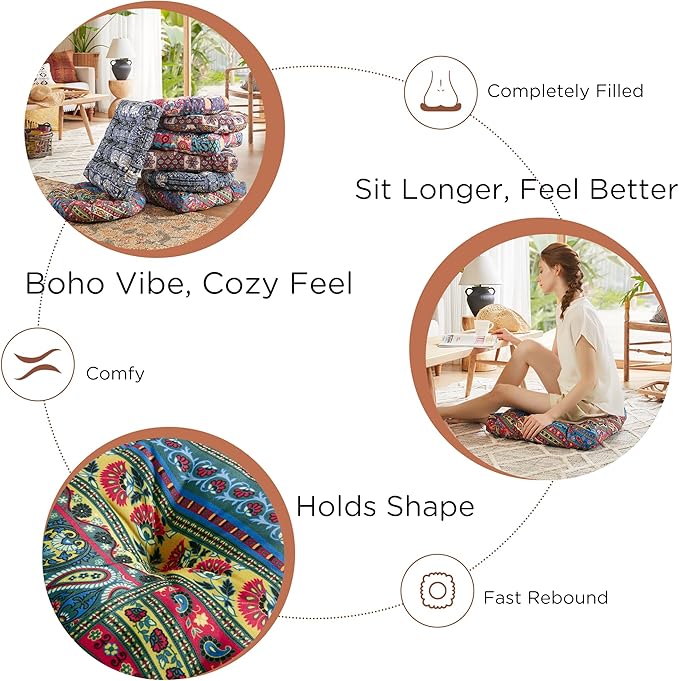Codi Floor Pillow for Kids, Square Large Pillows Seating for Adults, Bohemian Big Cushions for Yoga Room Tatami Sitting, Memory Foam Added, 22x22 Inch, Multi Blaidiere, Set of 2