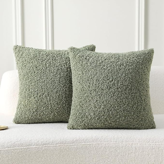 FUTEI Sage Green Throw Pillow Covers 18x18 Inch Set of 2,Furry Faux Fur Teddy Boucle Textured Cushion Covers,Soft Fluffy Decorative Pillow Case,Home Decor for Couch Bed Living Room Office Car