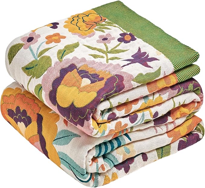 Boho Throw Blanket - 50"x60" 100% Cotton Ultra Soft Lightweight Blanket, 4-Layer Breathable Muslin Spring Blankets for Bed Couch, Reversible Green Floral Bird Printed Bohemian Cotton Quilt