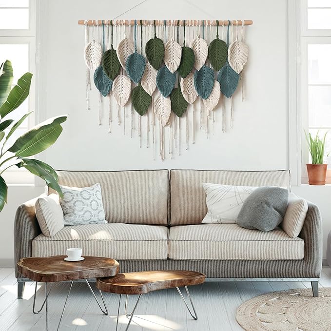 KHOYIME Macrame Wall Hanging Large Boho Home Decor, Bohemian Leaves Tapestry Modern Handmade Yarn Woven Feather Leaf Chic Wall Art Decorations for Bedroom Living Room Nursery Backdrop 39" W X 29.5" L