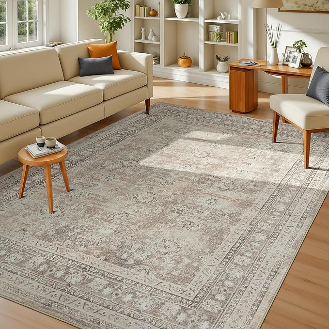 Lessymo 5x7 Area Rugs for Living Room, Machine Washable Non Slip Rug, Soft Low Pile Carpet for Bedroom Dining Home Office, Vintage Beige Distressed Floral Floor Mat