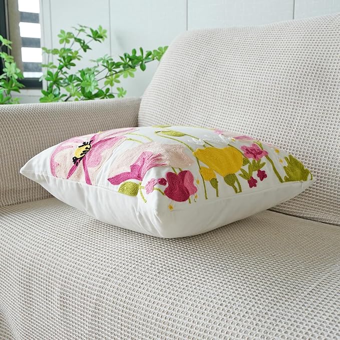 vctops Lotus Flower Embroidered Decorative Throw Pillow Cover Spring Summer Floral Square Pillow Cases Cotton Cushion Cover for Couch Sofa Bed (Flower A,18"x18")