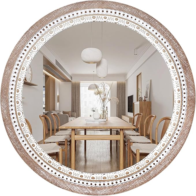 24 Inch Wooden Round Mirror for Wall Decor, Farmhouse Boho Circle Mirrors with Beaded Frame, Decorative for Bedroom, Bathroom, Living Room, Entryway