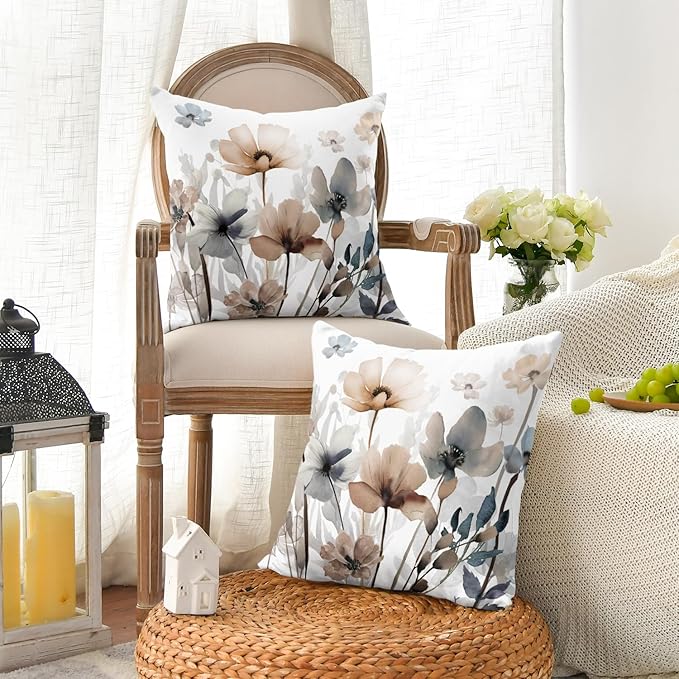 AVOIN colorlife Poppy Flowers Chinoiserie Throw Pillow Covers, 18 x 18 Inch Seasonal Leaves Cushion Case Decoration for Sofa Couch Set of 2