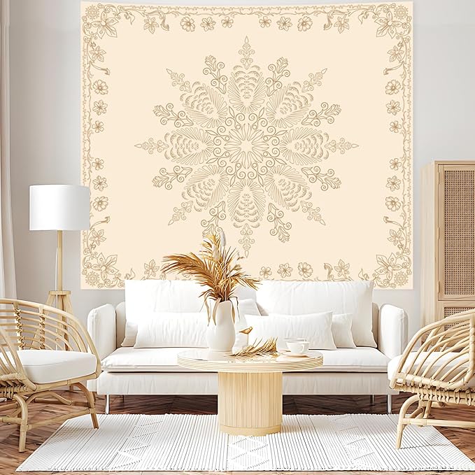Apdidl Boho Mandala Floral Wall Tapestry for Bedroom Aesthetic, Bohemian Cute Flower Hippie Indian Beige Wall Hanging Blanket, Medallion Art Decor Tapestries for Teen Girls Living Room Dorm 51" X 60"