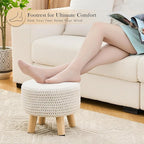 Boho Ottoman Foot Stool Cotton Knitted Round Pouf Ottoman Foot Rest Stool with Non-Skid Wooden Legs Step Stool Padded Seat for Living Room White