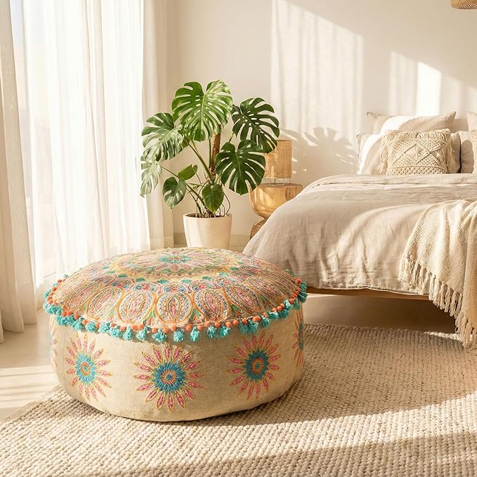 Mandala Life ART Moroccan Large Floor Pillow Cover with Tassels and Ponpon Bedroom Décor Round Pouf Ottoman Boho Chic Seating Area Beanbag Footstool Stool Cotton 24x8 Unstuffed