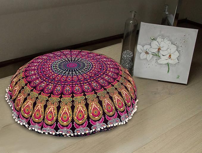 32" Purple Mandala Floor Pillow Cushion Seating Throw Cover Hippie Decorative Bohemian Ottoman Poufs, Pom Pom Pillow Cases,Boho Indian