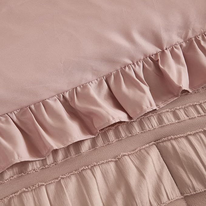 WONGS BEDDING Pink Comforter Set Queen,3 Pieces Ruffle Farmhouse Shabby Chic Boho Comforter for Queen Bed,Soft Seersucker Textured Bedding Set with 1 Ruffle Comforter,2 Tufted Pillowcases 90"×90"