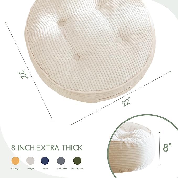 HIGOGOGO 8" Extra Thick Floor Pillow Cushion for Adults, Meditation Cushion Pillow, Large Round Floor Sitting, Tufted Corduroy Cover, for Tatami Living Room or Yoga, 22x22 Inch, 2Pack, Beige