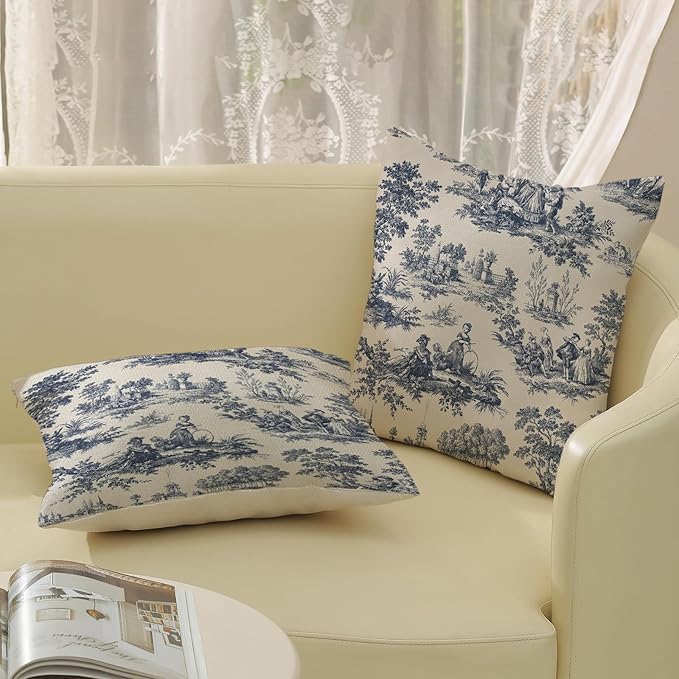 French Country Pillow Covers 20x20 Set of 2 Vintage Toile Blue Throw Pillows French Country Decor Outdoor Pillowcase Rustic Cottage Linen Decorative Farmhouse Cushion Case for Couch Bed Sofa