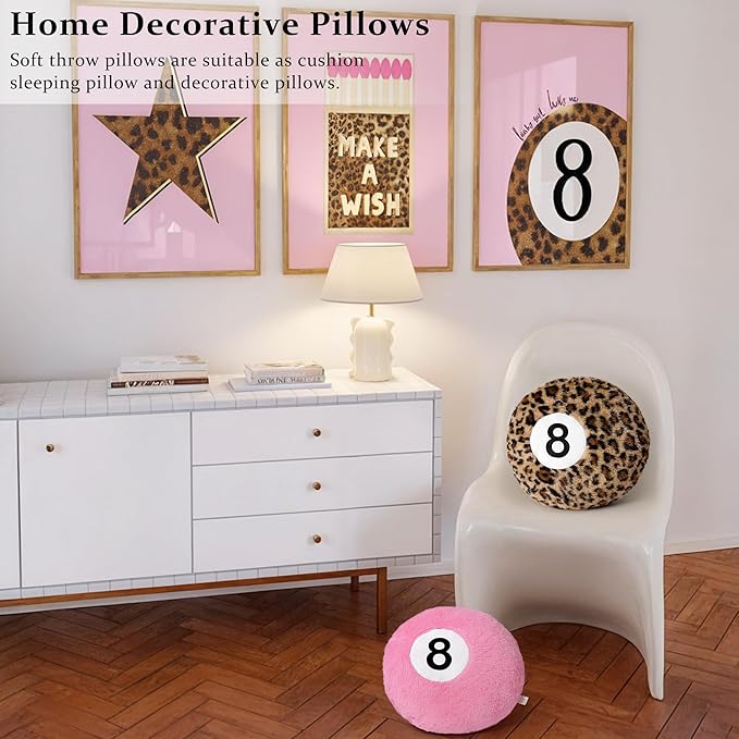 Dripykiaa Cheetah 8 Ball Throw Pillow, 14" Leopard Print 8 Ball Pillow Round Plush Decorative Cushion, Soft Trendy Throw Pillow for Bedroom & Living Room, Modern Aesthetic Home Decor for Women & Teens