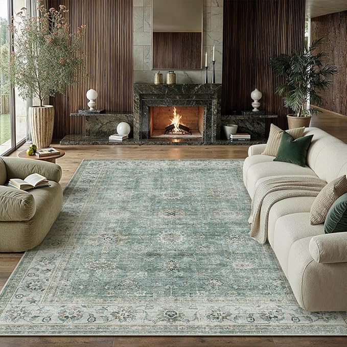 9x12 Vintage Area Rug for Living Room Bedroom Teal Blue Large Distressed Rustic Carpet Non-Slip Low Pile Soft Washable Throw Rug for Indoor Dining Room