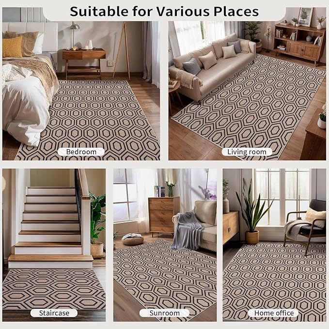 Tangsoo Modern Easy Jute Rug 4x6 for Paito,Ultra Thin Outdoor Washable Rug,Neutral Geometric Non-Slip Indoor Door Carpet Farmhouse Throw Mat for Bedroom Front Blacony Living Room